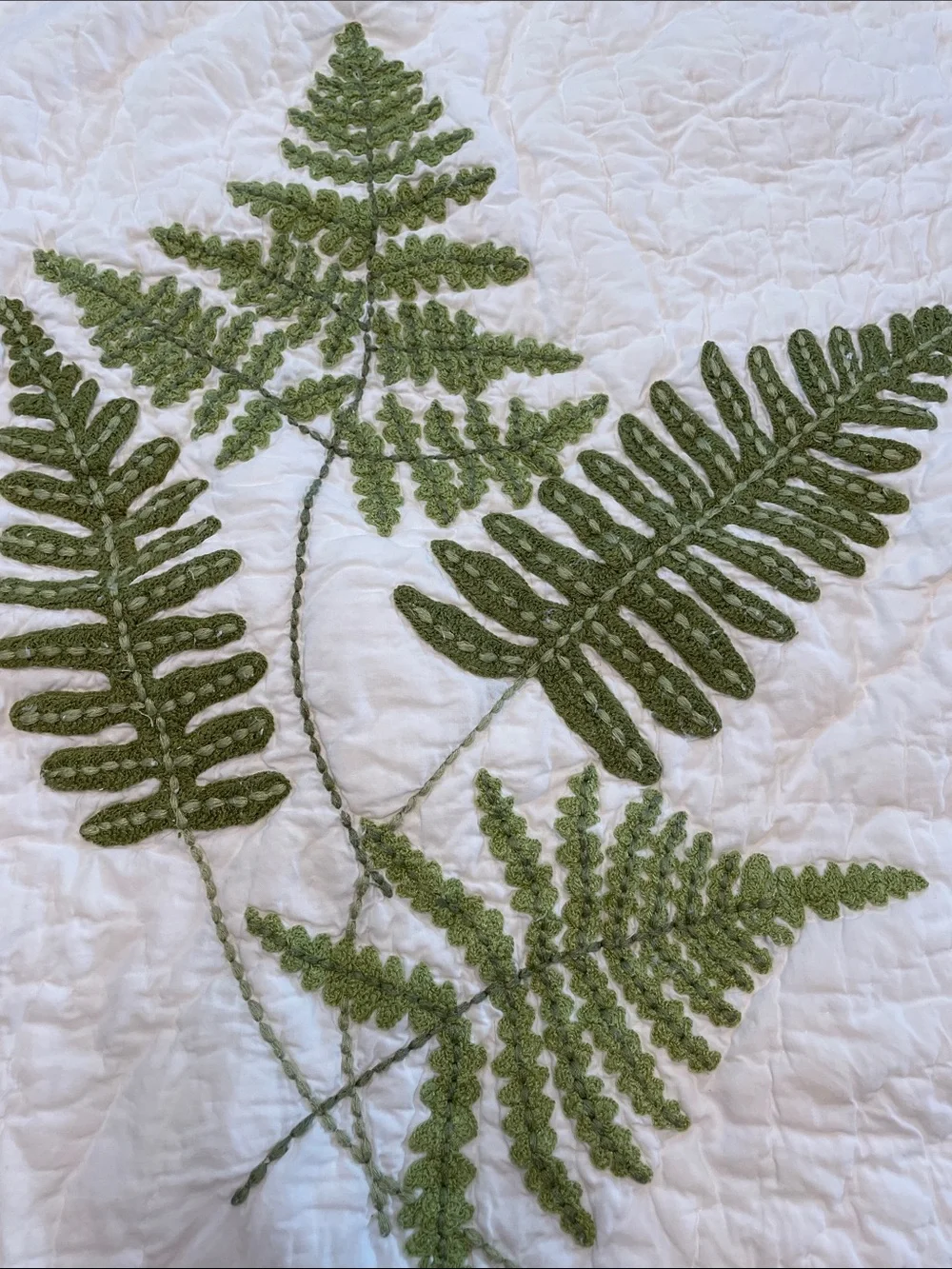Pottery Barn Quilted Pillow Case 21” x 26” White Green Fern Embroidered Botanic